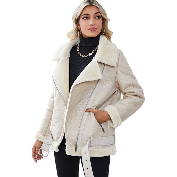 Women Shearing Beige Faux Shearling Moto Jacket Thick Lined Winter Leather Coat - Picture 3 of 5